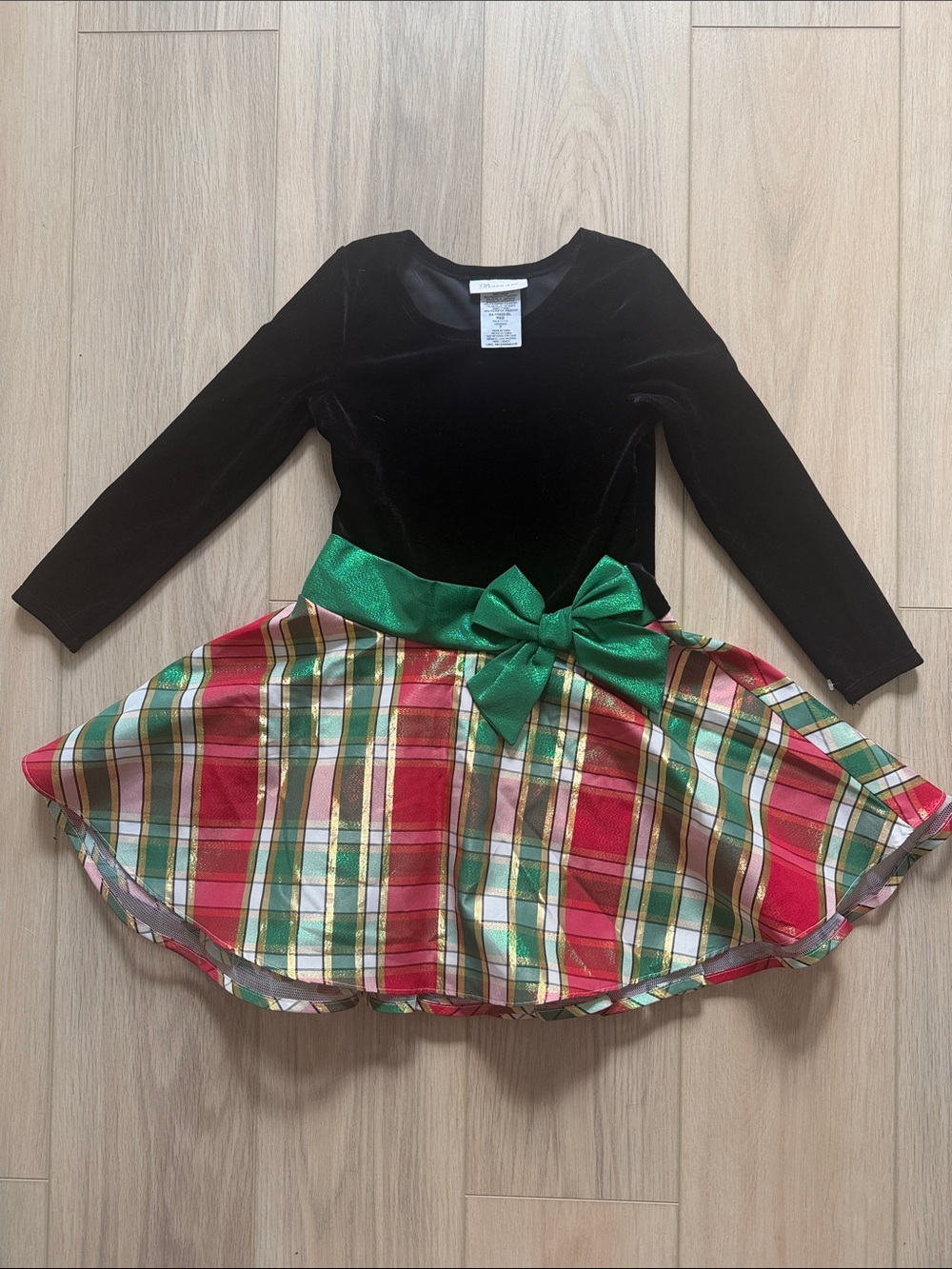 Bonnie Jean Black Velvet Holiday Dress with Red, Green & Gold Plaid Skirt